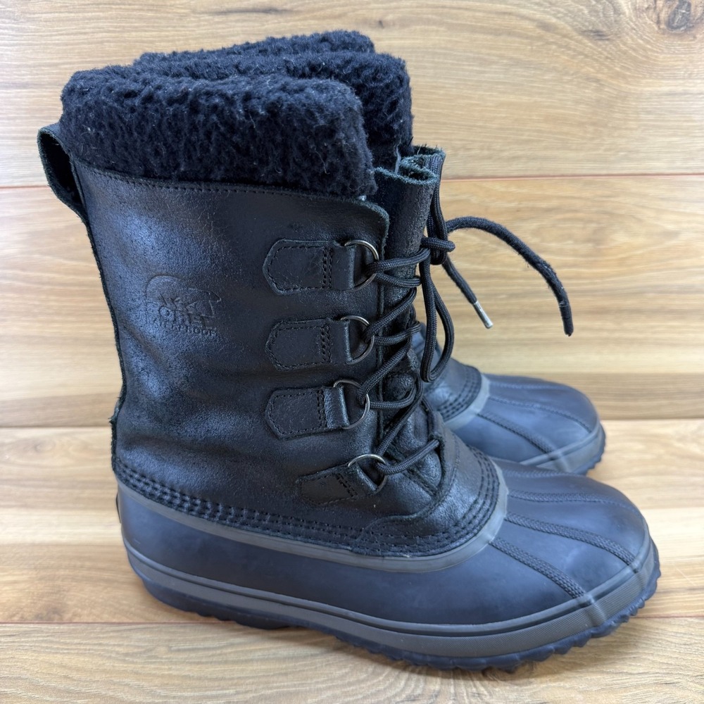 SOREL Pac Snow Boots Mens 10 Black Leather Waterproof Outdoor Insulated Sherpa